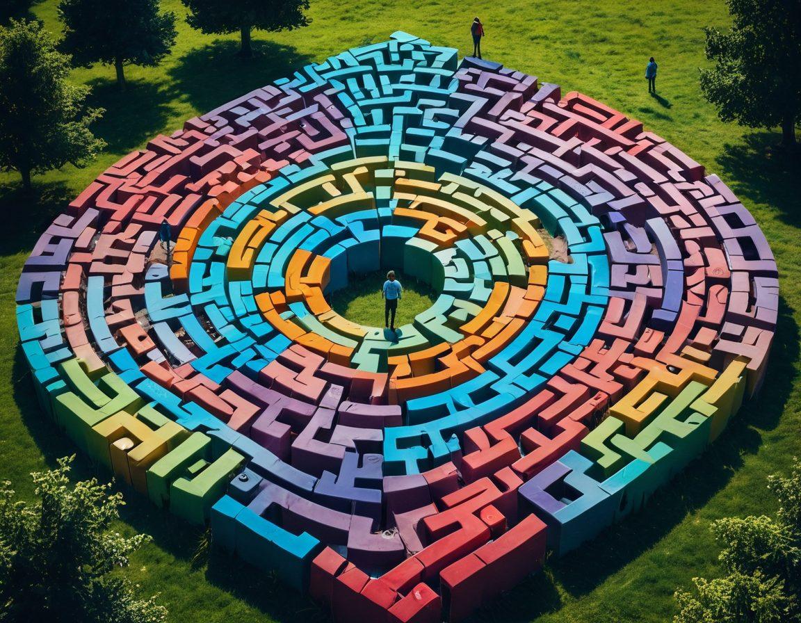 A surreal landscape where a human figure is standing at the intersection of a maze made of giant IQ test puzzle pieces, surrounded by vibrant brain imagery flowing with colors representing different cognitive abilities. Light beams illuminate the scene, signifying enlightenment and potential. A banner at the top reads 'Unlocking Your Potential' in bold and inspiring typography. dreamlike and vibrant colors. 3D.