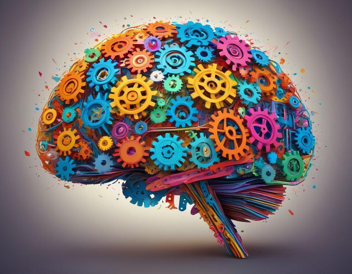 An abstract representation of a brain filled with colorful gears and numbers, symbolizing the intersection of intelligence and learning. Include diverse students engaged in various learning activities, showcasing a spectrum of emotions from curiosity to realization. The background should subtly blend elements of books and technology, creating a vibrant, dynamic atmosphere that represents growth and transformation. super-realistic. vibrant colors. 3D.